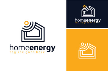 House with Sun Rays for Residential Solar Panel Energy or Home with internet signal logo design