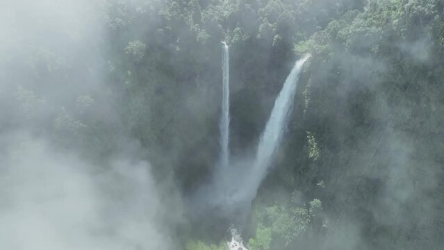 The Tad Fane waterfall, on the Bolaven Plateau in Laos, a few kilometers west of Paksong Town, in Champasak Province, within the Dong Houa Sao National Protected Area.bird eye view,aerial view