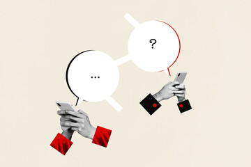 Creative collage of two smartphones hands holding gadget users chatting information messenger...