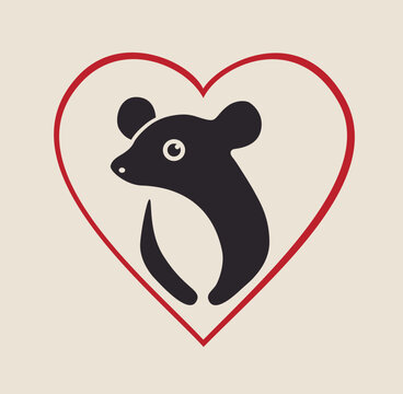 Mouse in heart. Minimalistic isolated vector svg illustration. Perfect for logo. Flat abstract style.