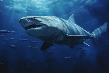 Naklejka premium Shark swimming in the deep sea. Beautiful illustration picture. Generative AI