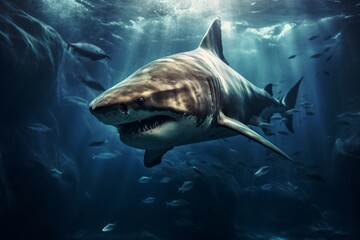 Fototapeta premium Shark swimming in the deep sea. Beautiful illustration picture. Generative AI