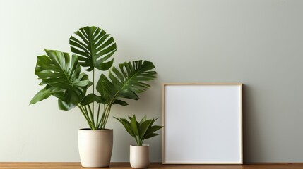 Empty white frame mockup on the table. Minimalist decoration with a white wall background