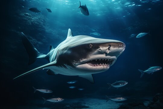 Shark swimming in the deep sea. Beautiful illustration picture. Generative AI