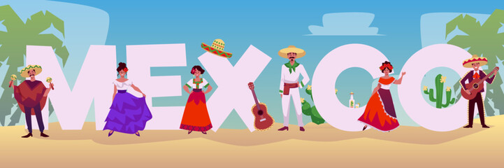 Huge white letters Mexico, vector Mexican symbols, people in national costumes against of desert and palm trees, cactus