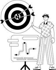 The guy with the chart . The arrow hits the prey . black and White linear stylus. Trendy style, Vector Illustration