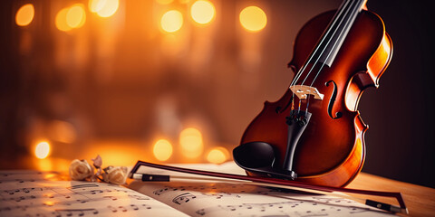 Close up of violin and bow, deep rich wood texture, on sheet music, soft warm lighting, bokeh...