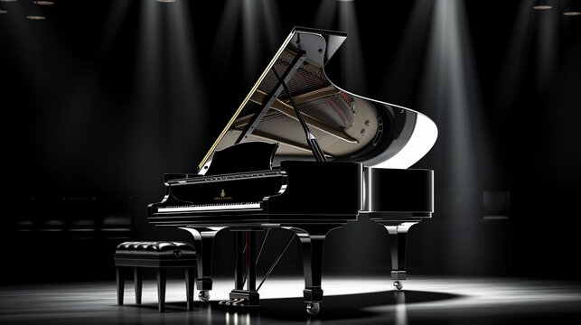 A grand piano in an empty concert hall, spotlight hitting on the glossy black finish, sheet music on the stand, ready for the maestro, high contrast, black and white, glossy reflections