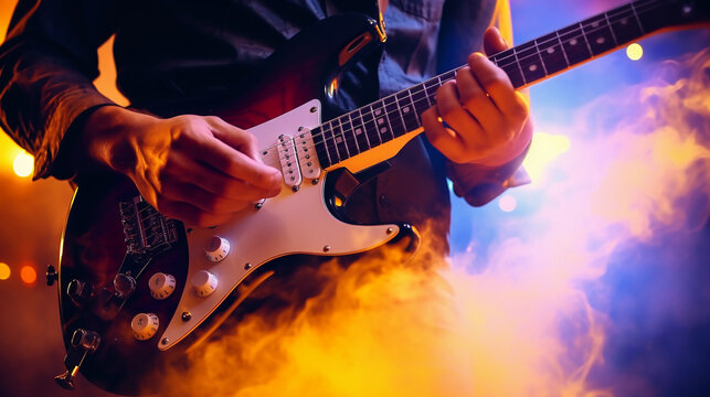 Guitarist's hands, up close, strumming an electric guitar, strings vibrating, mid - solo, rock concert, stage lights, smoke, energetic, dynamic