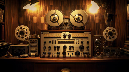 Vintage analog recording studio, reel to reel tape machine, glowing vacuum tubes, wood paneling,...