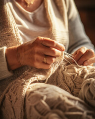 a woman's hands knitting with organic, ethically - sourced wool, highlighting the texture of the yarn and the movement of the hands. Home environment, warm light from a nearby window