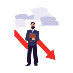 Businessman with documents stands under the cloud, business mistake, risk management vector illustration, red chart down