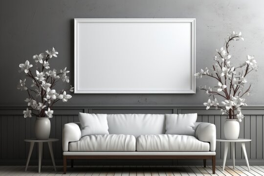Large empty white mockup frame. Luxurious and minimalist room decoration. A comfortable space. grey wall background