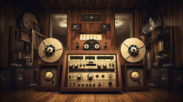 Vintage analog recording studio, reel to reel tape machine, glowing vacuum tubes, wood paneling, focused engineer tweaking knobs, 70s era, warm sepia tones