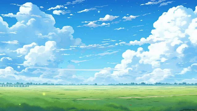 Beautiful landscape with clouds and sky. Cartoon or anime watercolor painting illustration style. seamless looping virtual vertical video animation background.