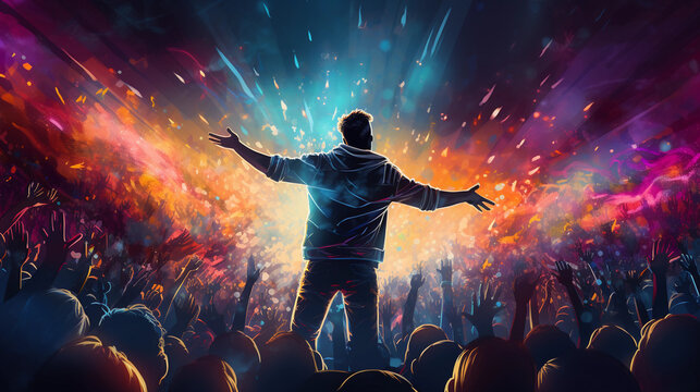Pop singer on stage, spotlights, high energy, vibrant colors, dynamic motion blur, crowd in the background, festival vibe, larger than life, fantasy art style - Powered by Adobe