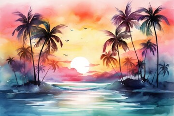Summer sunset, ocean, artwork. Beautiful illustration picture. Generative AI