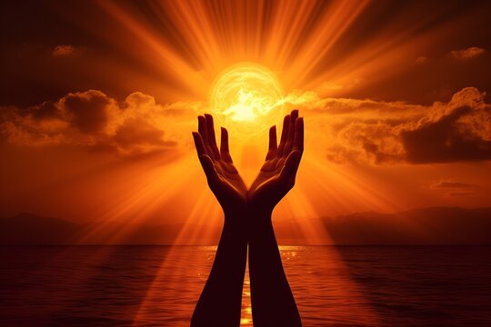 Summer sun solstice with human hands silhouette. Beautiful illustration picture. Generative AI