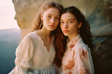 portrait of two women/models/book characters in daylight scene for lgbtq + awareness embracing in a fashion/beauty editorial magazine style film photography look - generative ai art