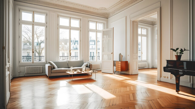 Un grand salon Haussmannien avec parquet chevron, moulures &eacute;l&eacute;gantes et hautes fen&ecirc;tres. 