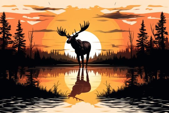 Sunset and moose silhouette with trees. Beautiful illustration picture. Generative AI