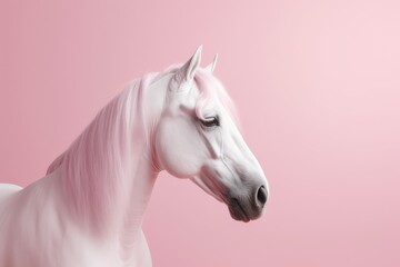 Portrait of pink hair white horse against a pastel pink background. Isolated, free space for text copy.
