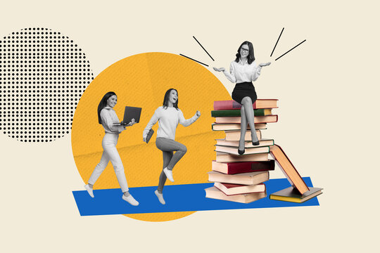 Composite illustration photo collage of excited students go to class on university course isolated on creative colorful background