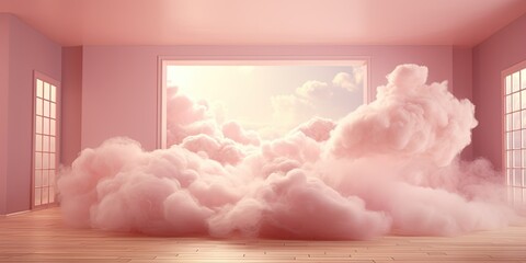 Generative AI, Pink magenta fantastic 3d clouds in the room interior, sky and landscape. Gentle colors and with bright lights..