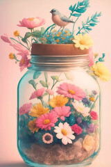Vintage Style Glass Jar With A Wooden Lid Accented With A Bird and Flowers With Dry Flowers Inside Clipart