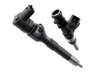 Diesel and petrol fuel injectors on white background.