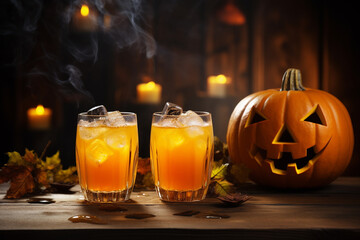 Halloween pumpkin or carrot drink in glasses . Halloween party decorations with juice, glowing garlands and cobwebs on a dark  background.