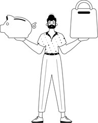 The derision is holding a piggy bank and a stigmatize handcart . sum dark and washcloth analogue vogue. Trendy style, Vector Illustration