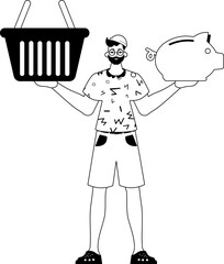 The derision is holding a piggy trust and a stigmatize handcart . sum dark and washcloth analogue vogue. Trendy style, Vector Illustration