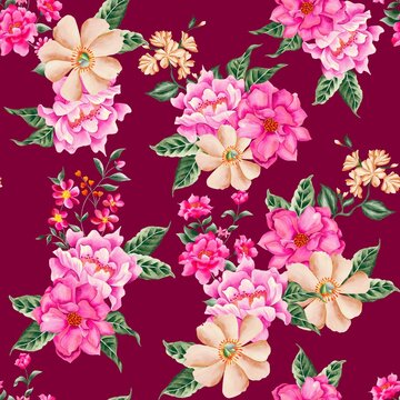 Watercolor flowers pattern, pink tropical elements, green leaves, dar red background, seamless © Leticia Back