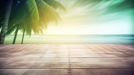 Wooden deck background with beach  palm trees  and sunshine  tropical paradise