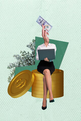 Vertical photo collage design artwork of headless workaholic business lady trader receive much...