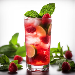 Alcoholic cold cocktail raspberry mojito with berries, ice cubes and green mint leaves on a white background, Generative AI, generative artificial intelligence