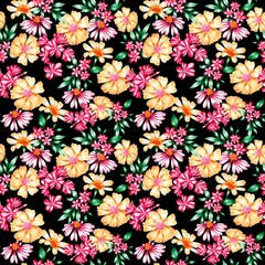 Watercolor flowers pattern, pink and yellow tropical elements, green leaves, black background, seamless