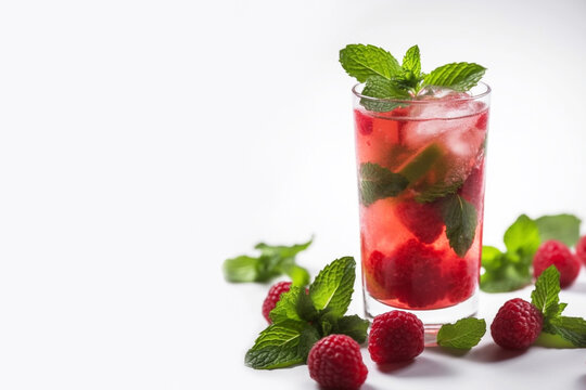 Alcoholic cold cocktail raspberry mojito with berries, ice cubes and green mint leaves on a white background, Generative AI, generative artificial intelligence