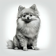 a highly detailed pencil drawing of a Pomeranian dog full body no background with subtle shadow grayscale