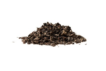 Dried tea leaves isolated on a white background.