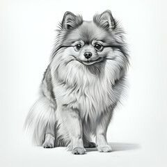 Obraz premium a highly detailed pencil drawing of a Pomeranian dog full body no background with subtle shadow grayscale