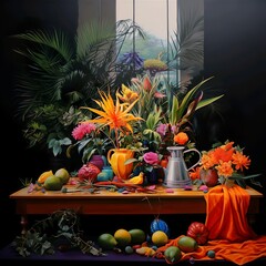 A table with a bunch of tropical fruits and a silver canister and some flower