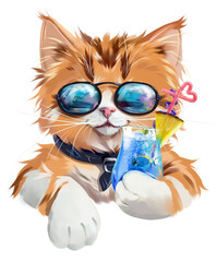 Ginger cat in glasses drinks a Blue Lagoon cocktail - 626920986