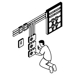 Repair of electricity distribution in Factory cellar isometric Concept vector icon design, Electrical engineer symbol, Wiring specialist Sign, maintenance technician tools stock illustration