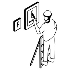 Switching off main electrical switch at distribution board isometric Concept vector icon design, Electrical engineer symbol, Wiring specialist Sign, maintenance technician tools stock illustration