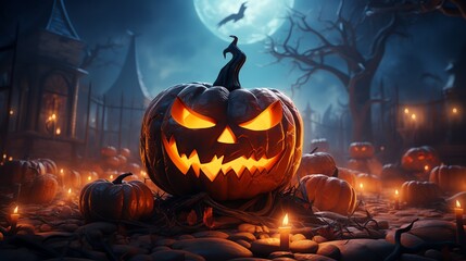 Scary pumpkin. Halloween spooky background. Jack-O-Lantern on dark night gloomy foggy the cemetery. Happy Halloween backdrop. Generative AI