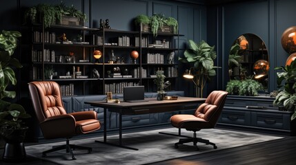 Modern interior design for home, office, interior details, upholstered furniture against the background of a dark classic wall. AI Generative