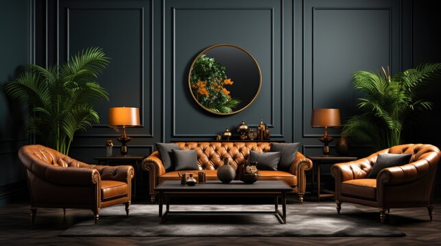 Modern interior design for home, office, interior details, upholstered furniture against the background of a dark classic wall. AI Generative