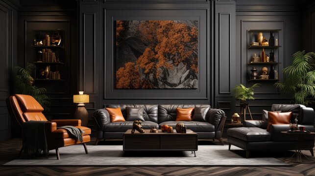 Naklejka Modern interior design for home, office, interior details, upholstered furniture against the background of a dark classic wall. AI Generative